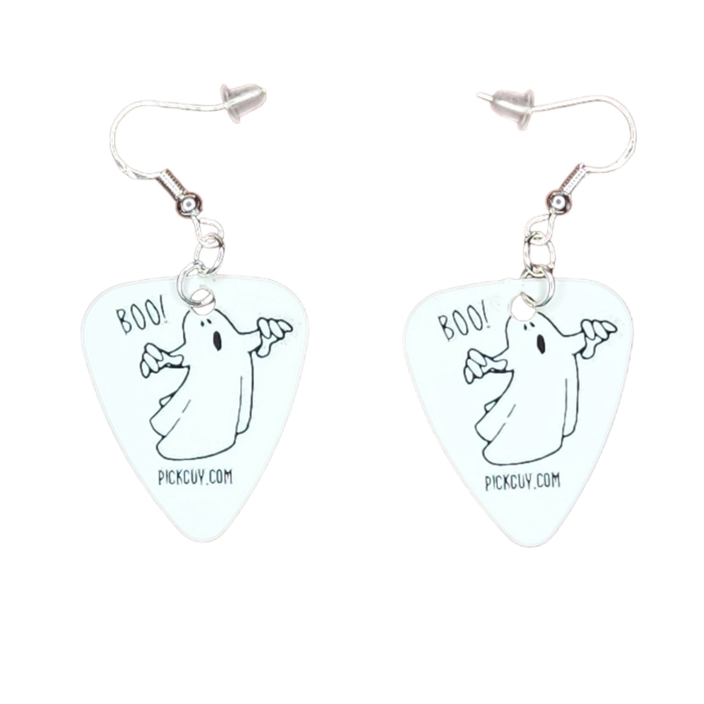 White Boo Ghost Guitar Pick Earrings Sterling Silver with Gift Bag